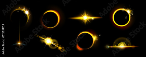 Sun light effect. Sunrise rays. Sunset eclipse magic flash. Beam flare. Starlight sparkle. Sunshine glint. Galaxy twinkle. Spring glare. Sunny energy sky. Vibrant starlight. Vector heaven sunbeams set