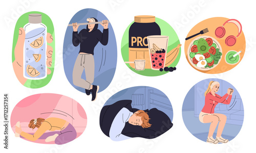 Healthy lifestyle. Morning routine with food and sport exercise. Drink water bottle. Health daily care. Actively living. Balanced life. Diet lunch. Fitness training. Sleep in bed. Vector concepts set