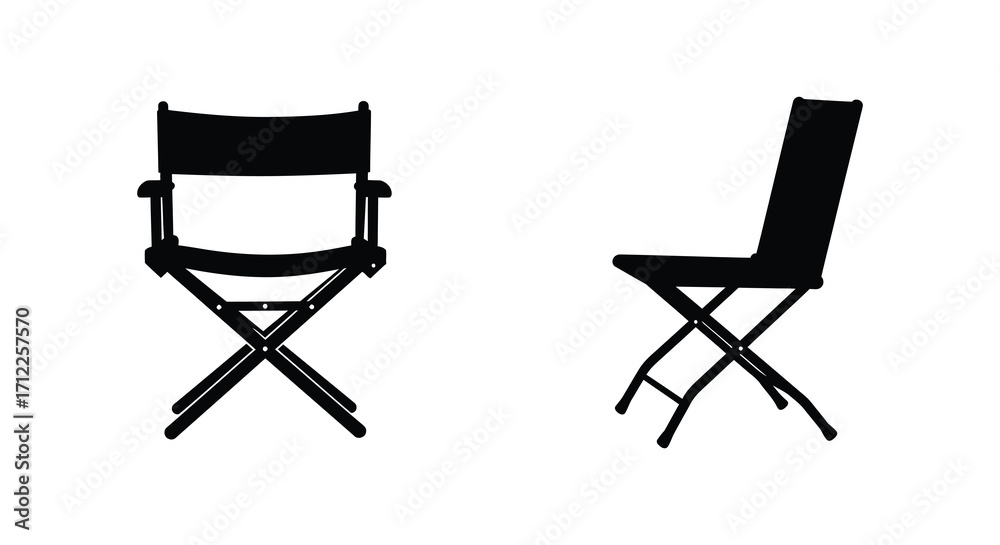 Fototapeta premium Two black director s chairs silhouette against a plain white background