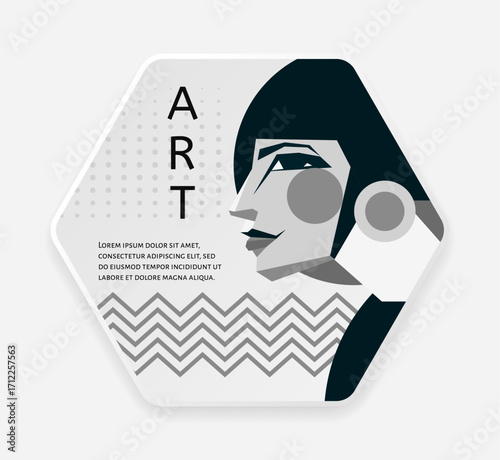 Art Bauhaus poster. Woman portrait abstract design. Creative female profile face. Hexagon frame. Geometric flat shape. Girl head. Minimalist collage. Exhibition brochure. Vector trendy graphic card