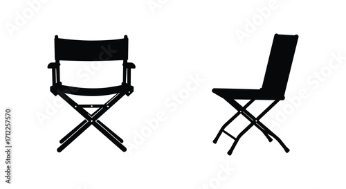 Two black director s chairs silhouette against a plain white background