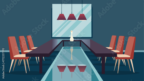 A chic and minimalist dining room with a long mirrored table and velvet dining chairs.