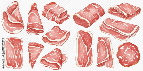 An illustrated collection of various raw meat slices, including bacon, ham, and prosciutto, arranged in different cuts and folds.