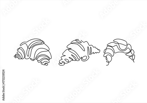 Line Art Croissants Simple Breakfast Pastry Drawings.  line icon-continuous line drawing. Editable stroke. 