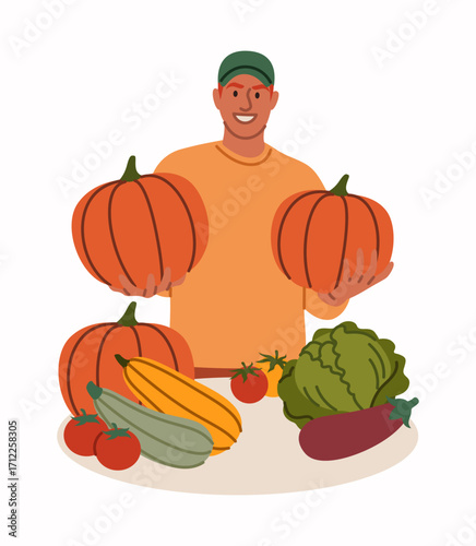 Farmer with harvest. Happy man hold pumpkin, tomatoes and cabbages. Gardener grows organic plants. Male agricultural character. Vector cartoon flat style isolated harvesting vegetables illustration
