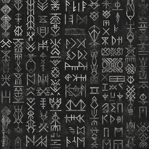 Collection of various silver runic symbols on a dark textured background