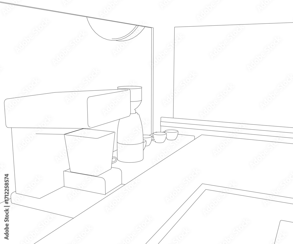 Fototapeta premium A minimalist coffee stand with clean contour lines, featuring a sink and toilet on a platform against a white background.