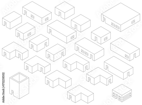 A low poly house pack arranged in a grid pattern, featuring unique shapes and sizes with clearly outlined windows and doors.