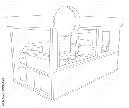 Coffee shop counter sketch with clean contour lines, featuring a white background and detailed countertop items including coffee cups and saucers.