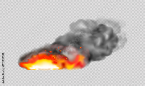 Fire realistic smoke. Fiery hot blaze. Burn smog effect. Transparent black bonfire. Hot ignite. Light smoke. Explosion cloud. Dark trail. Sky fume. Wildfire flame. Vector combustion isolated element