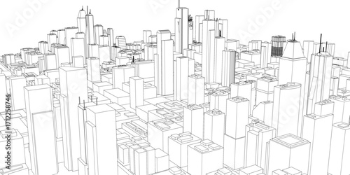 Black and white city contour drawing with detailed buildings against a white background. The sketch captures a bustling urban pack.