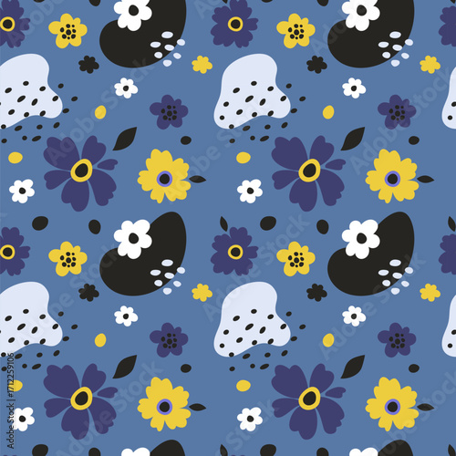 Doodle flowers seamless pattern. Spring blue background. Summer decor textile, wrapping paper, childish wallpaper. Kids print for fabric. Vector cartoon flat style isolated creative illustration