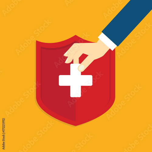 Medical healthcare insurance. Red shield on patient protection policy and pen. Medicine symbol.	