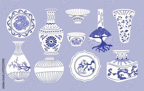 Decorative Chinese ceramic set vases, bowls and plates with floral, tree, branch and dragon ornament. Vector illustration isolated on background. Traditional pottery and porcelain art concept