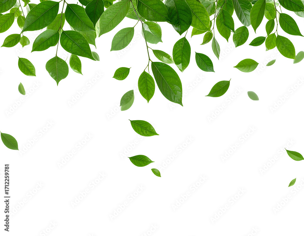 Obraz premium Falling Green Leaves Cascade, Transparent Background