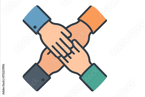 Teamwork hands icon. Four diverse hands together showing unity and collaboration. Concept of support, community, partnership and connection. Business team building symbol.