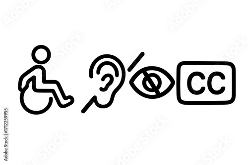 Accessibility icon set. Vector symbols for disability, wheelchair access, hearing and visual impairment. Inclusive design for disabled people. Closed captions, blind, deaf pictogram.