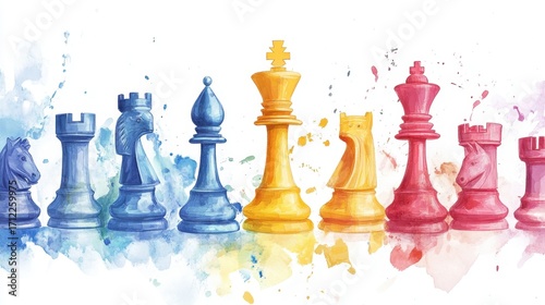 Colorful watercolor chess pieces in artistic arrangement on white background. National Chess Day