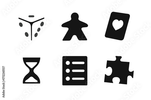 Board game black glyph icons set. Tabletop gaming elements. Dice, meeple pawn, playing card, hourglass, puzzle piece, and rules list. Hobby and leisure concept vector.
