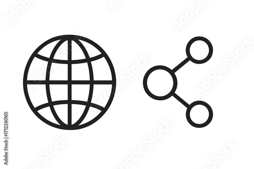 Global network icon and share symbol. Internet connection concept. World web communication technology sign. Social media data sharing vector illustration. Worldwide connect.