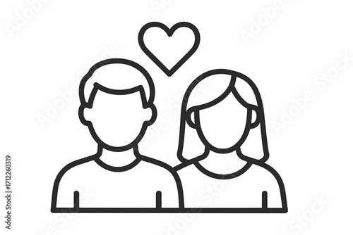 Couple in love icon. Man and woman relationship symbol. Simple line vector illustration of a romantic partnership with a heart. Dating, marriage, and family concept design.