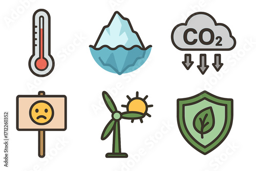 Climate change icon set with global warming, CO2 emissions, and melting icebergs. Vector concepts for environmental protection, green energy, and climate strike activism.