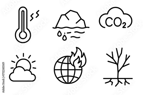 Climate change line icon set. Global warming concepts like temperature rise, melting ice, CO2 emissions, drought, and environmental disaster. Vector ecology illustration symbols.