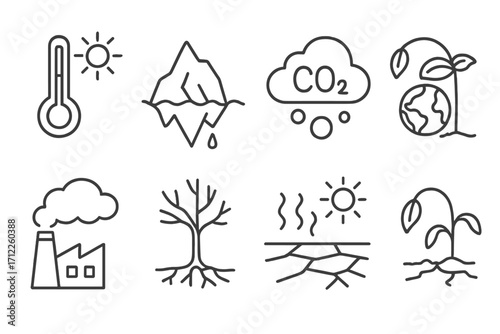 Climate change icon set. Global warming concepts. Temperature rise, melting iceberg, CO2 emission, factory pollution, drought, dead tree, withered plant. Vector line art illustration.