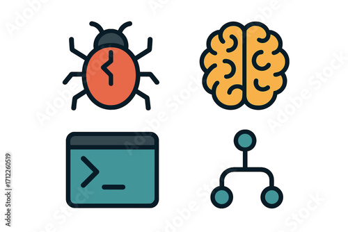 Coding and technology icon set. Vector cartoon illustration of software development concepts. Bug report, AI brain, terminal command line, and git branch flowchart symbols.