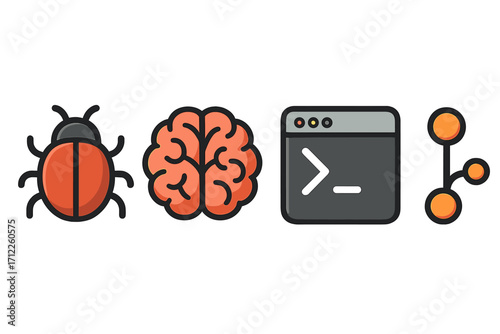 Software development icon set with bug, AI brain, code terminal, and git branch. Vector symbols for programming, debugging, artificial intelligence, and version control concepts.