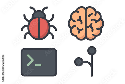 Coding and programming icon set with bug, brain, and terminal symbols. Vector cartoon illustration for software development, AI, version control branch, and command line.