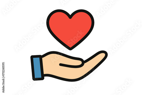 Hand giving heart icon. Charity donation symbol. Concept of love, care, help, support, life. Health, hope, kindness metaphor. Volunteer, social aid vector illustration.