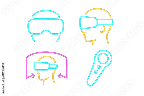 Neon virtual reality icons. VR headset, controller, 360-degree view. Glowing line art for metaverse & gaming. Futuristic technology vector illustration symbol set. Cyberpunk UX/UI.