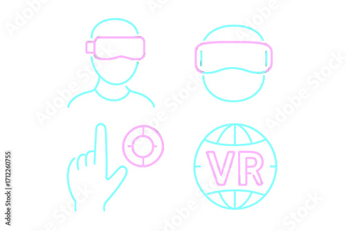 Virtual reality neon icons. Man in VR headset. Augmented reality glasses. Metaverse interface. Futuristic technology, gaming, simulation, cyberspace. Glowing vector line set.