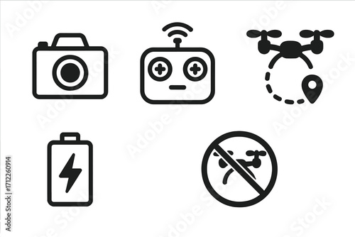 Minimalist drone icon set. Camera, remote control, flight path, battery charge, no-fly zone sign. Vector pictograms for UAV, quadcopter technology, and aerial videography.