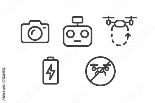 Drone icons set for aerial photography and videography. Includes camera, remote control, flight path, battery charge, and no-fly zone sign. UAV quadcopter technology symbols.