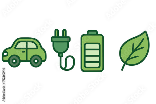 Eco-friendly icon set with electric car, charging plug, battery, and leaf symbols. Green energy concept for sustainable transport, EV charging, and clean technology vector.