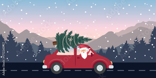 santa drive with red car and christmas tree in snowy winter landscape vector illustration