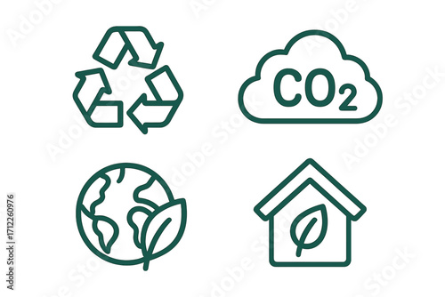 Sustainability and ecology icon set. Minimalist vector line art of recycle symbol, CO2 emissions, green planet, and eco-friendly home for environmental conservation.