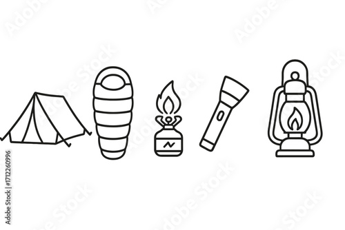 Camping icon set for outdoor adventure and hiking. Vector line art illustration of essential equipment: tent, sleeping bag, gas stove, flashlight, and lantern. Minimalist design.