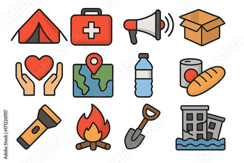 Humanitarian aid and disaster relief icon collection. Emergency preparedness symbols for survival, flood, earthquake. First aid, shelter, food, water, donation. Vector cartoon set.