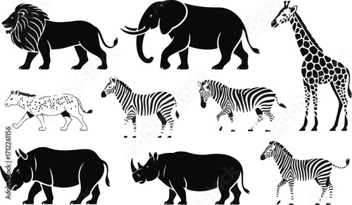 A collection of silhouetted African safari animals including a lion, elephant, giraffe, zebras, and rhinos, presented in a clean graphic style.