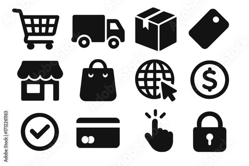 E-commerce icons set for online shopping. Web store symbols collection including delivery truck, shopping cart, credit card payment, secure checkout, and add to cart button.