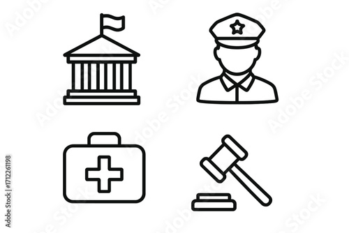 Government services icon set vector line art. Public safety, law enforcement, and healthcare symbols. Police officer, courthouse, medical kit, and justice gavel illustrations.