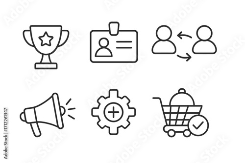 User interface linear icons set for customer loyalty. Rewards program, membership ID, referral marketing, promotion, settings, and e-commerce order. Vector for web and app.