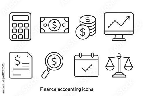 Finance and accounting icon set. Line art collection for business and banking. Includes calculator, money, chart, report, analysis, budget balance symbols. Vector illustration.