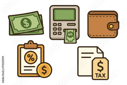 Finance icon set for banking and business. Vector cartoon illustration of money, ATM, wallet, loan, and tax symbols. Financial services, payment concept, and economy icons.