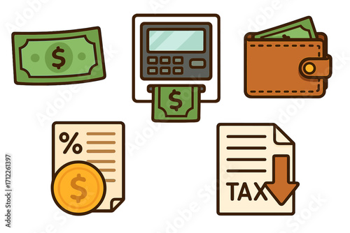Finance icon set for business and banking. Vector cartoon illustration of money, cash withdrawal from ATM, wallet, loan interest rate, and tax deduction payment symbols.