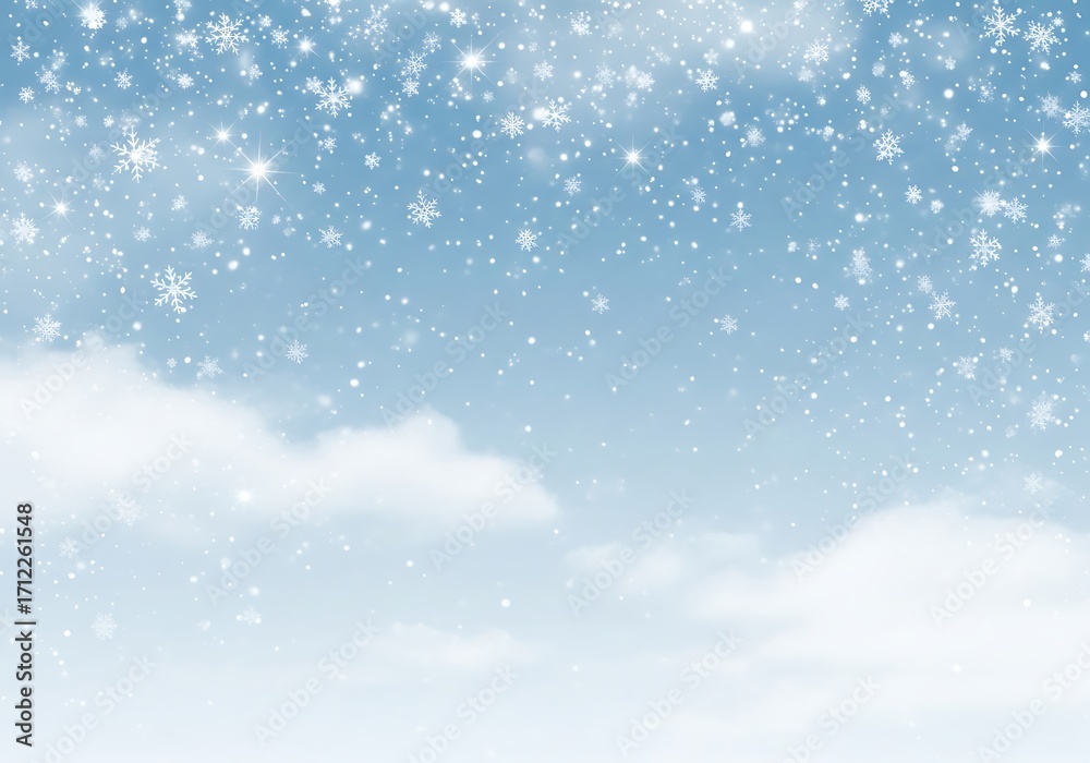 Fototapeta premium Gentle snowfall with large snowflakes drifting down against a soft blue sky with fluffy white clouds, creating a beautiful and dreamy winter landscape