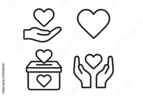 Donation and charity icon set. Linear style vector illustration. Outline heart in hand, giving love, and care symbol. Volunteer, support, and fundraising concept.